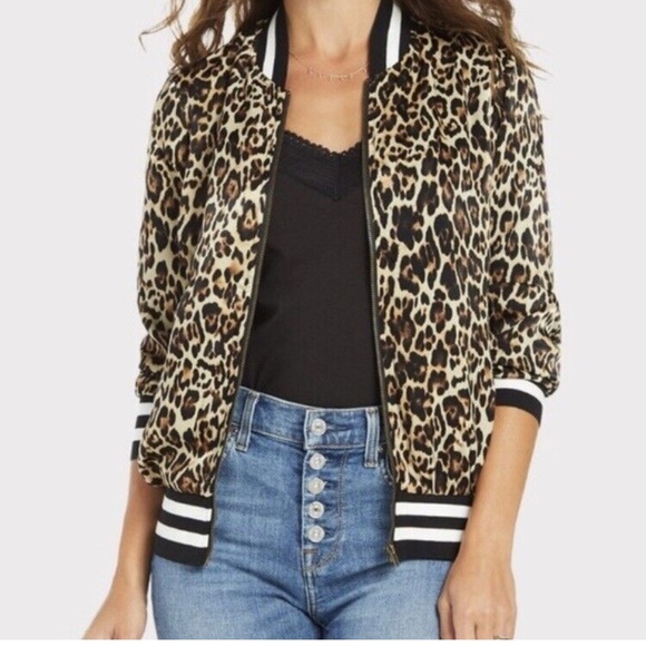 Peyton Jensen Leopard Animal Print Bomber Jacket Zip Up Striped Trim Size Small - Picture 1 of 13